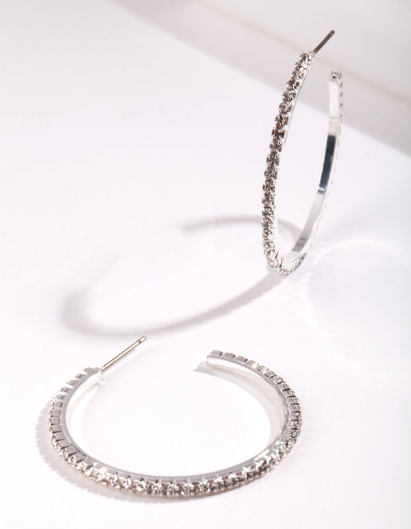 Silver Medium Diamante Hoop Earrings