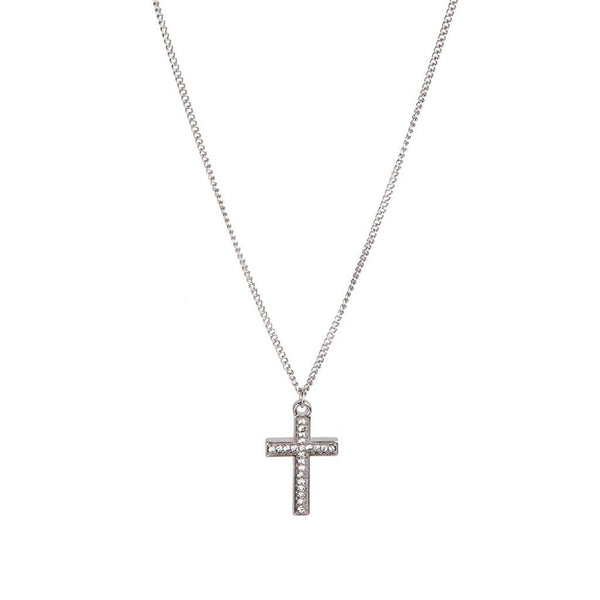 Silver Diamante Cross Pendant On Short Necklace