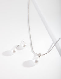 Rhodium Large Pearl Stud Necklace Earrings Set - link has visual effect only