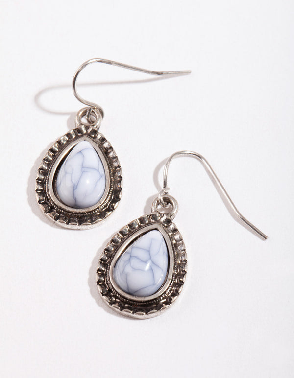 Antique Silver Etched Tear Simple Drop Earrings