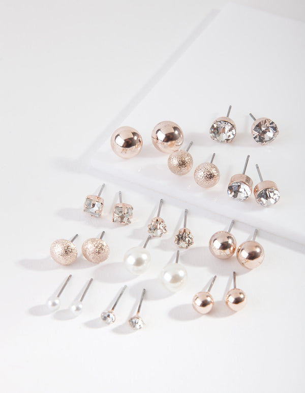 Rose Gold Diamante Pearl Earring 12-Pack