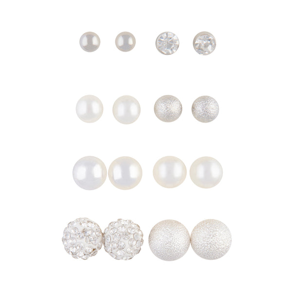 Silver Ball Pearlised Bead Mixed Stud 8-Pack