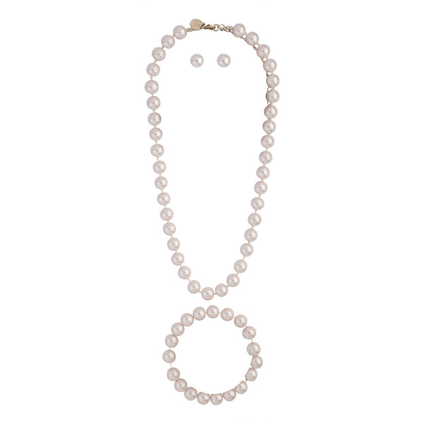 Pink Classic Pearl Necklace Earrings Bracelet Set