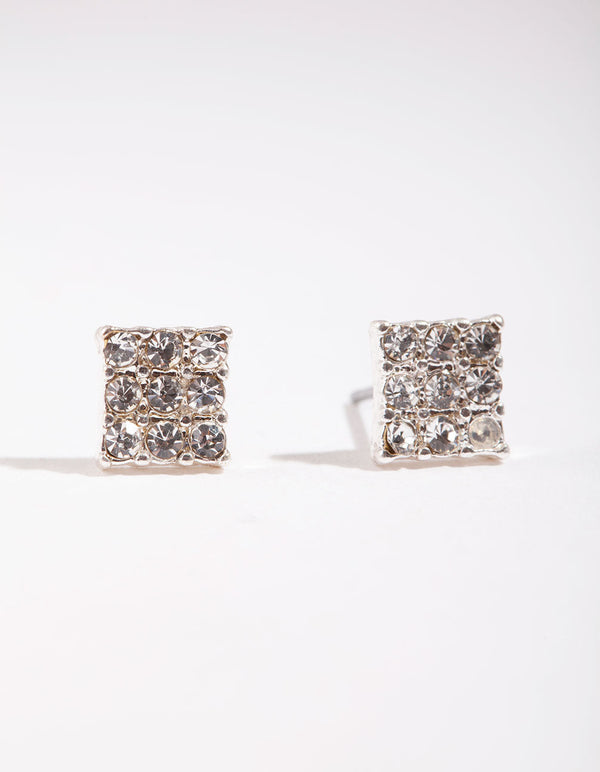 Silver Pave Diamante Square Stud Earrings