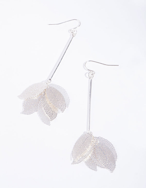 Silver Faux Leaf Cluster Drop Earrings