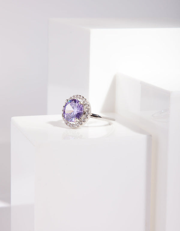 Rhodium Purple Cubic Zirconia Diamante Ring
