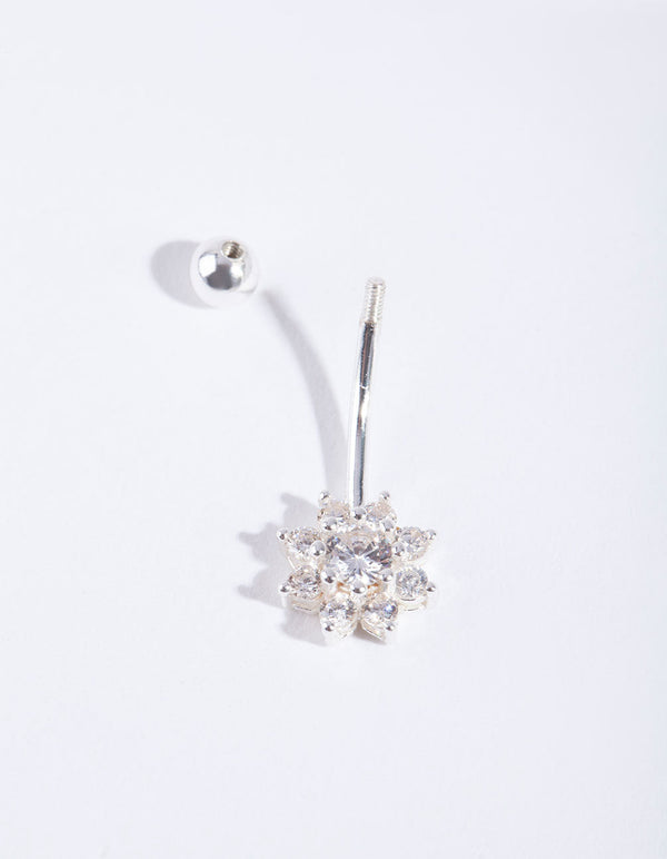 Sterling Silver Cubic Zirconia Floral Belly Bar