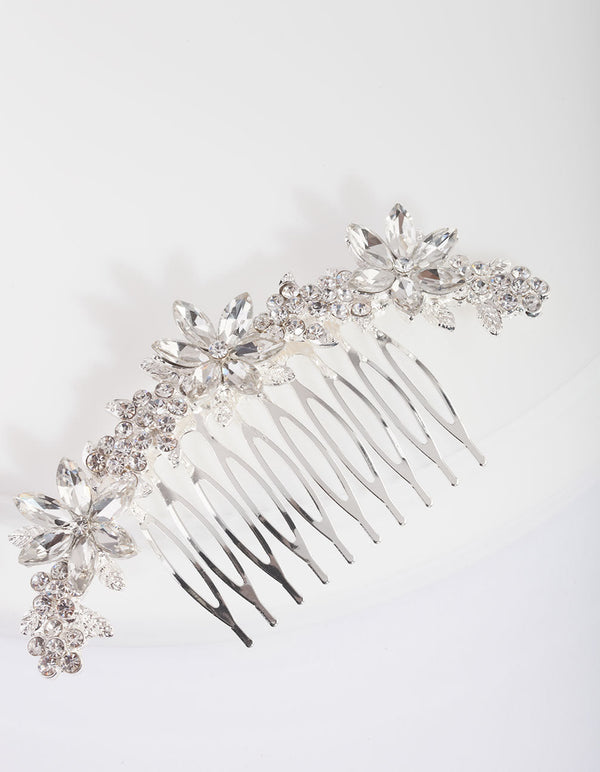 Silver Diamante Floral Comb