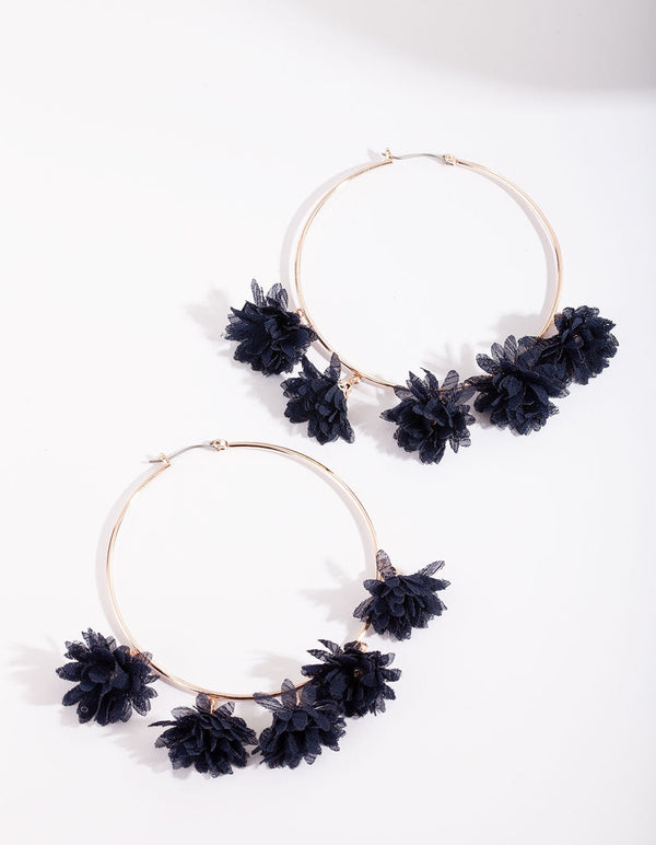 Navy Fabric Flower Hoop Earrings