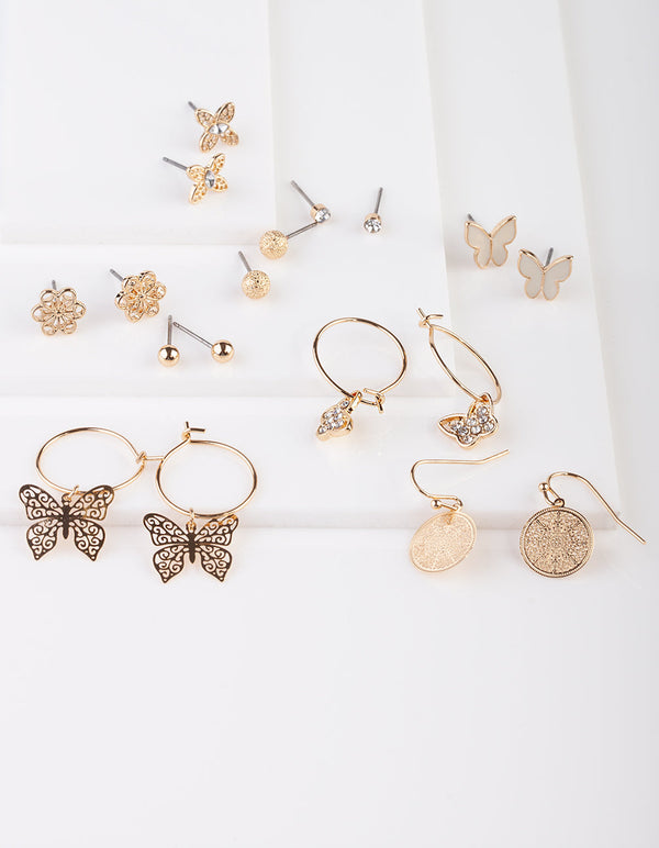Gold Butterfly Stud & Sleeper Earrings 9PK