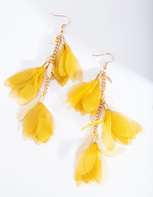 Yellow Fabric Flowers Gold Earrings