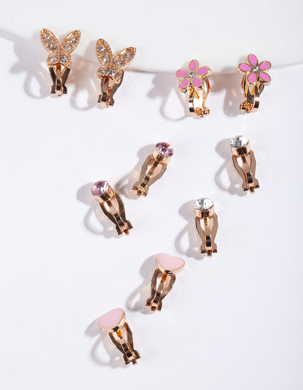 Kids Shiny Gold Diamante Heart Flower & Butterfly Clip On Earring 5-Pack
