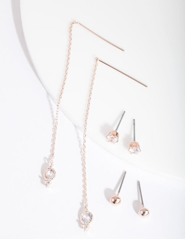 Rose Gold Cubic Zirconia Stud & Thread Earring Pack