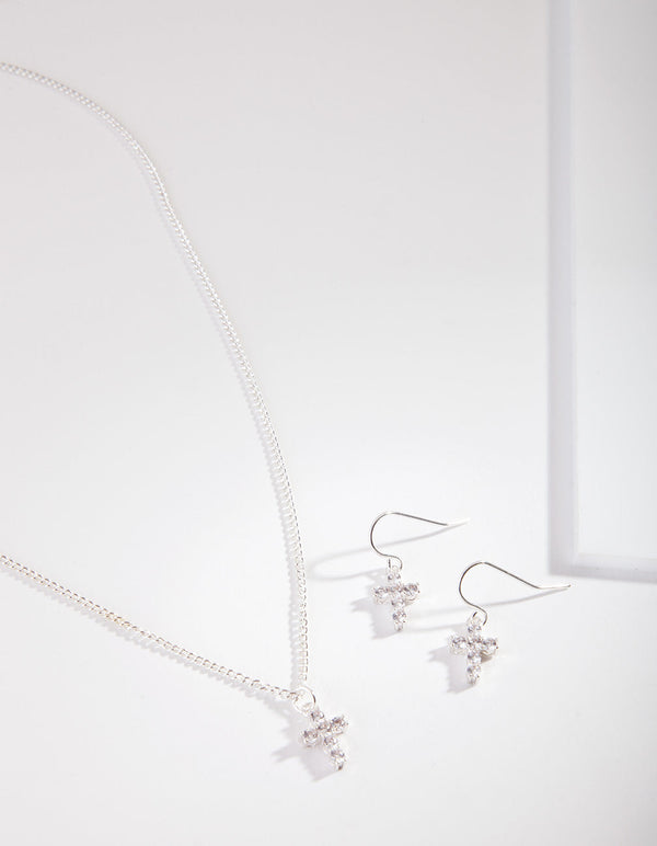 Silver Cubic Zirconia Cross Earring & Necklace Set