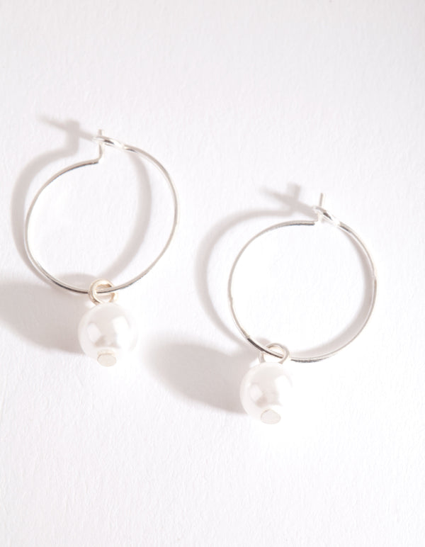 Silver Pearl Charm Hoop Earrings