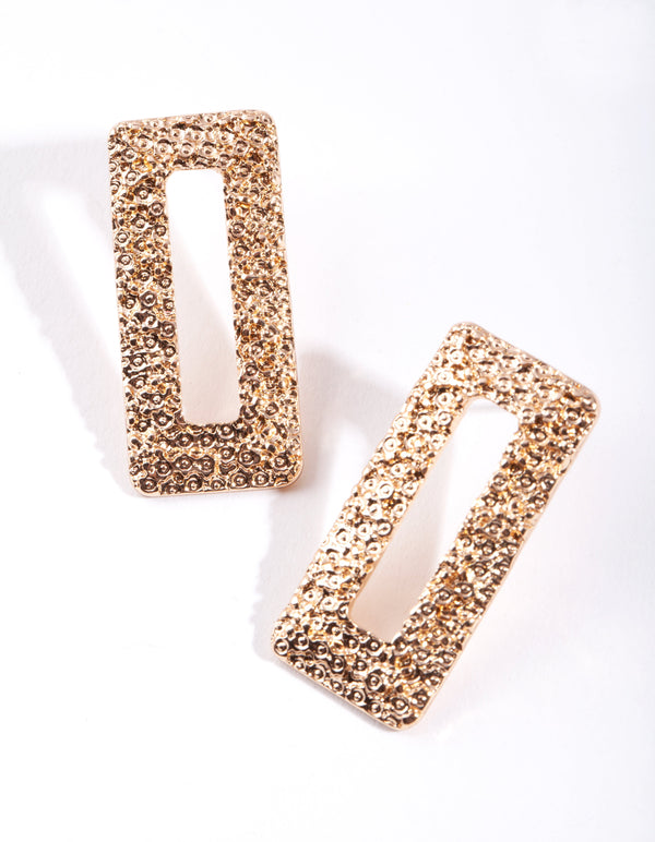 Gold Crater Rectangle Stud Earrings
