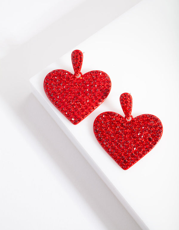 Red Diamante Statement Heart Earring