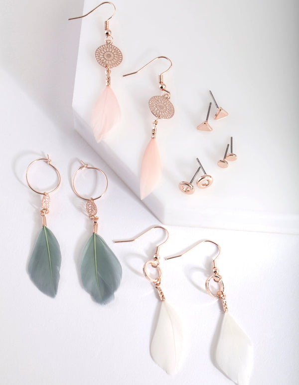 Rose Gold Pretty Feather Drop Earring Pack