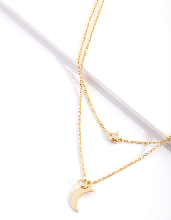 Gold Plated Sterling Silver Moon & Star Double Layer Necklace