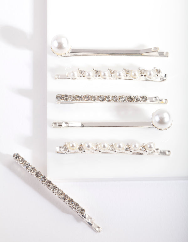 Silver Pearl & Crystal Hair Clip 6-Pack