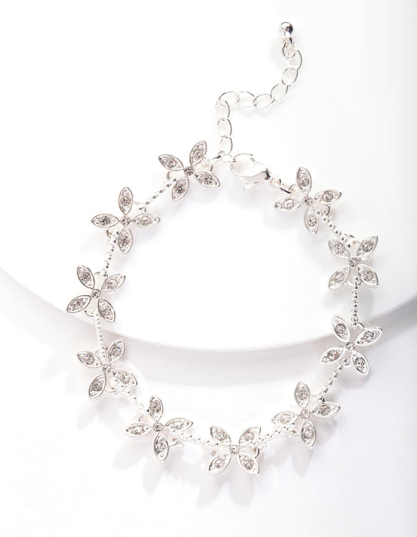 Silver Crystal Silk Flower Bracelet