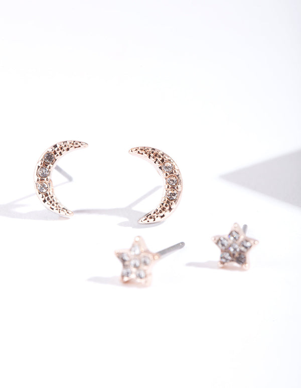 Rose Gold Diamante Moon & Star Earring Pack