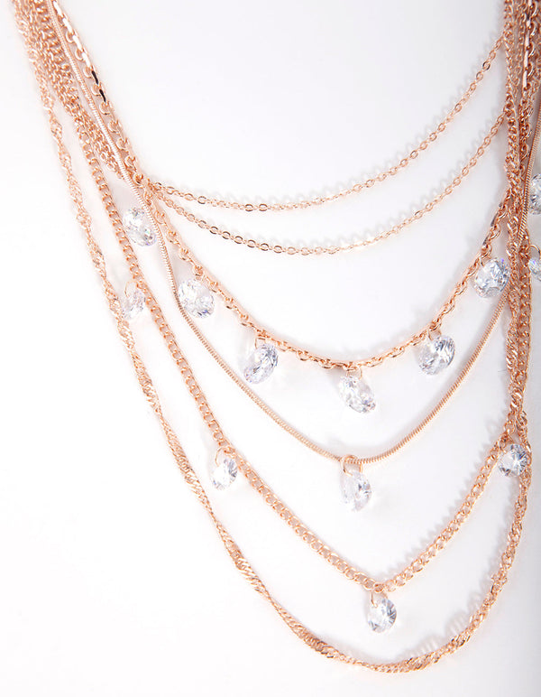 Rose Gold Cubic Zirconia Multi Chain Necklace