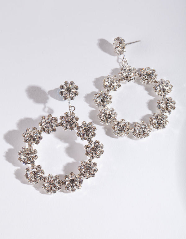 Silver Diamante Flower Circle Earrings