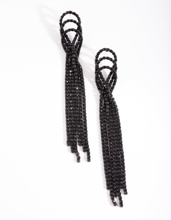 Black Triple Loop Diamante Tassel Earrings