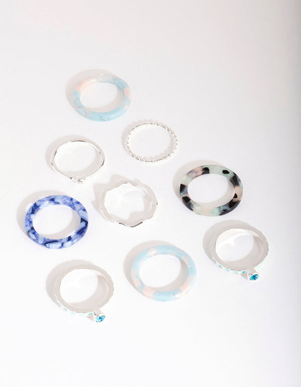 Silver Blue Marble Ring 9-Pack