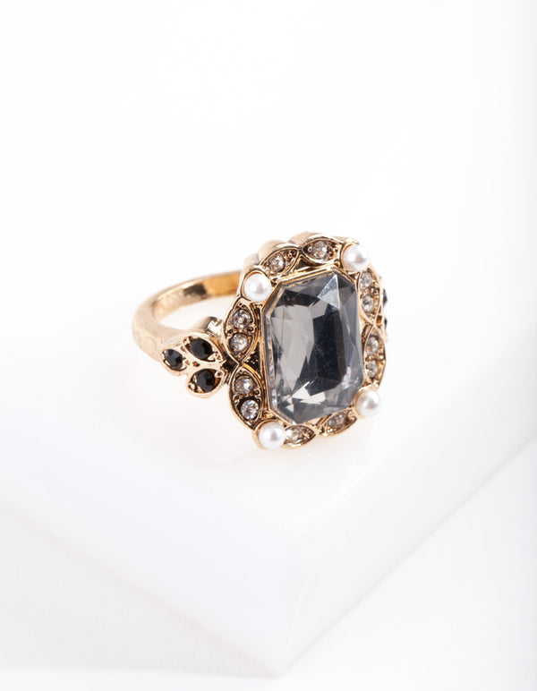 Gold Diamante Black Stone Ring