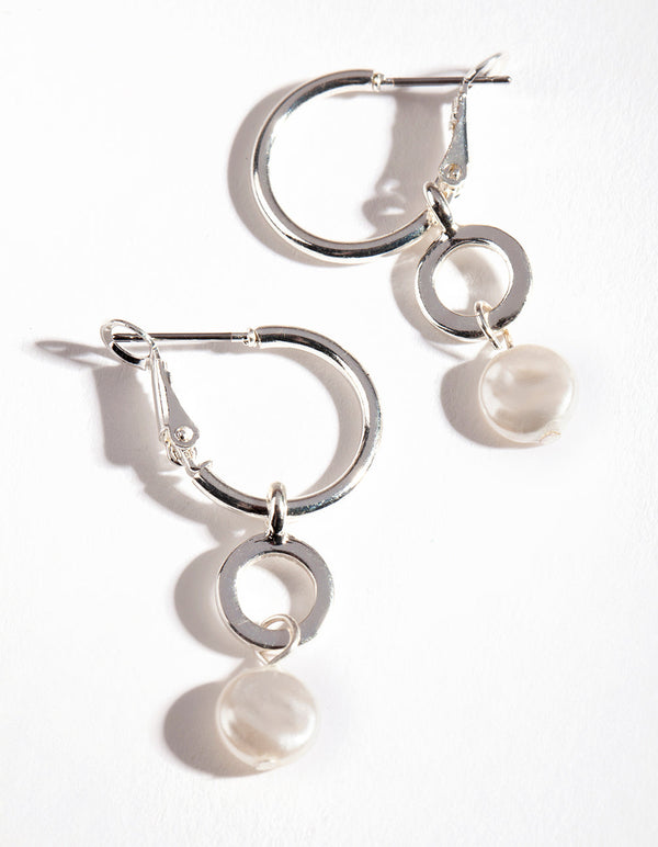 Silver Circle Pearl Drop Hoop Earrings