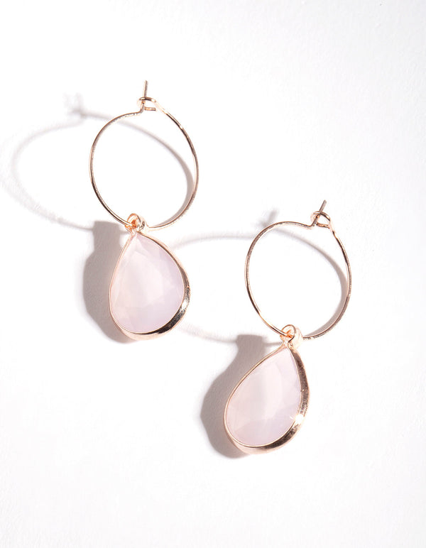 Rose Gold Pink Stone Hoop Drop Earrings