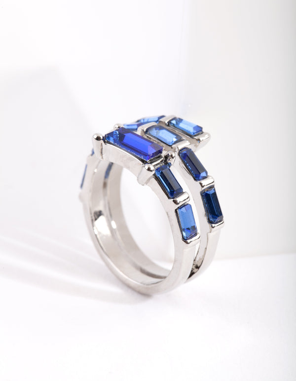 Rhodium Blue Gem Baguette Wrap Band Ring