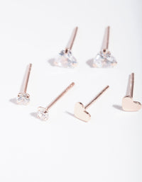 Rose Gold Plated Sterling Silver Cubic Zirconia Heart Stud Earring Pack - link has visual effect only