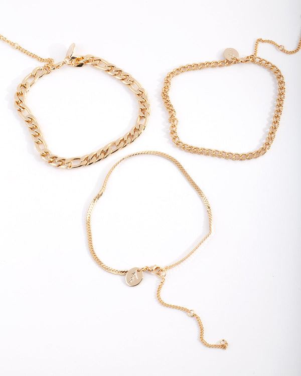 Gold Plated Statement Mixed Chain Anklet Trio