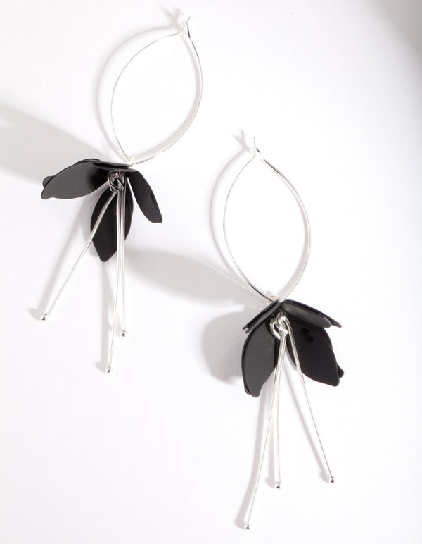 Silver Black Flower Drop Earrings
