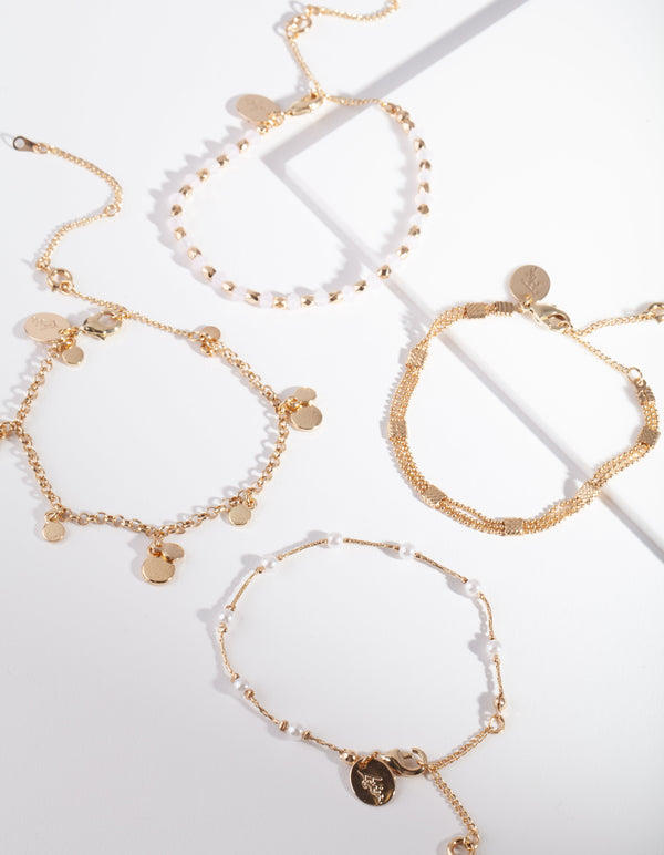 Gold Pearl Facet Bead Bracelet & Anklet 4-Pack Set