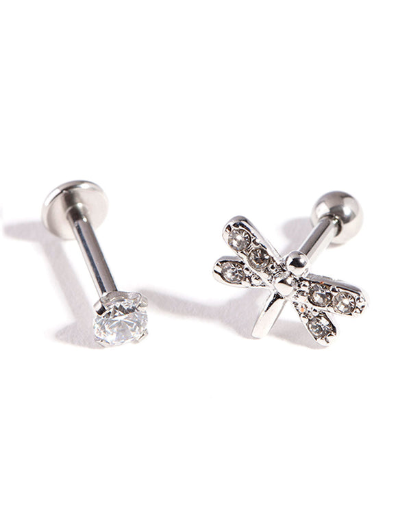 Silver Surgical Steel Cubic Zirconia Dragonfly Barbell Pack