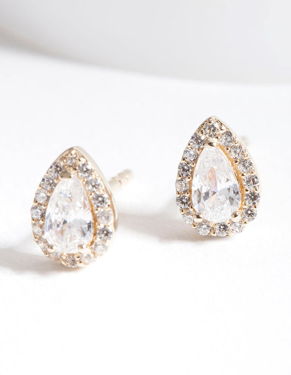 Gold Plated Sterling Silver Cubic Zirconia Pear Halo Stud Earrings