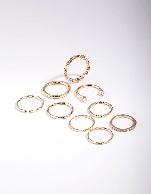 Gold Wave & Pearl Midi Ring 9-Pack