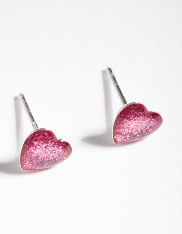 Sterling Silver Epoxy Heart Stud Earrings