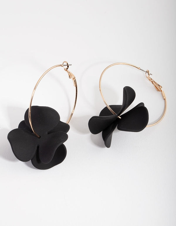 Gold Black Pearlised Flower Hoop Earrings