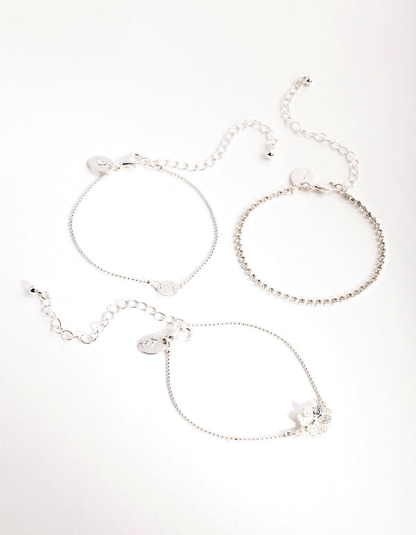 Silver Crystal Flower Bracelet Pack