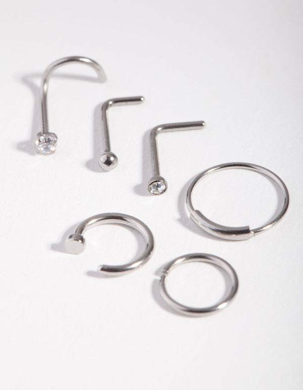 Surgical Steel Rhodium Nail Nose Ring 6-Pack