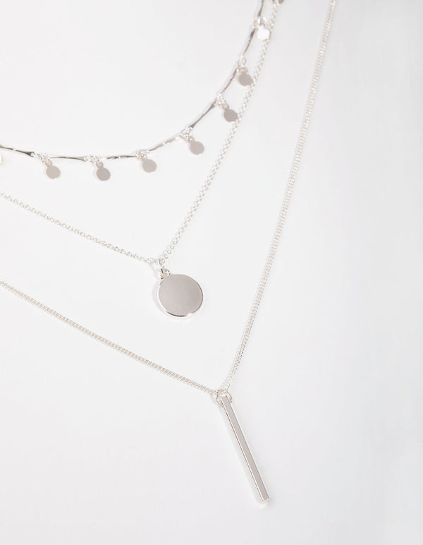 Silver Fine Drop & Bar 3-Row Necklace