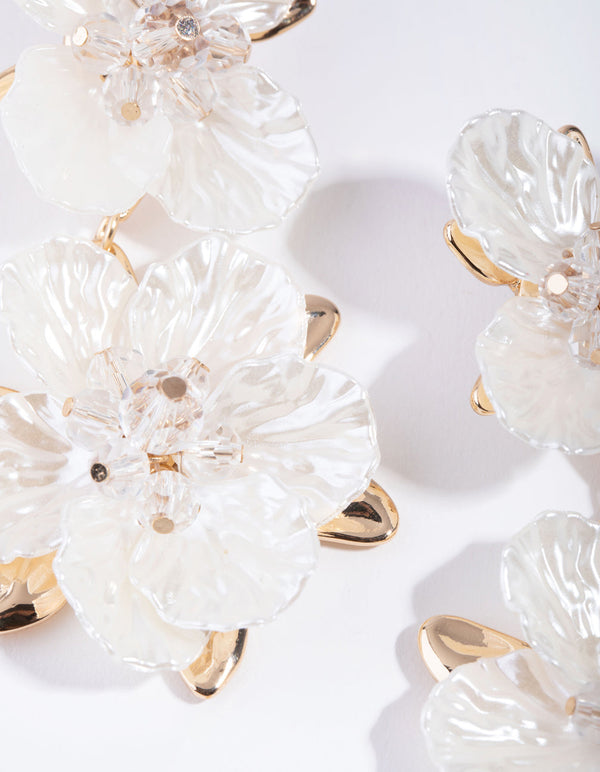 Five-petal White & Gold Flower Stud Drop Earrings Double Flower Statement  Bridal Earrings Elegant White Floral Wedding Earrings - Etsy