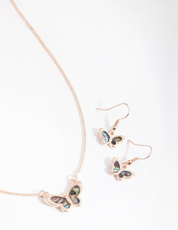 Rose Gold Marble Butterfly Earring & Necklace Set