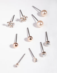 Rose Gold Diamante Flower & Pearl 8-Pack Earring - link has visual effect only