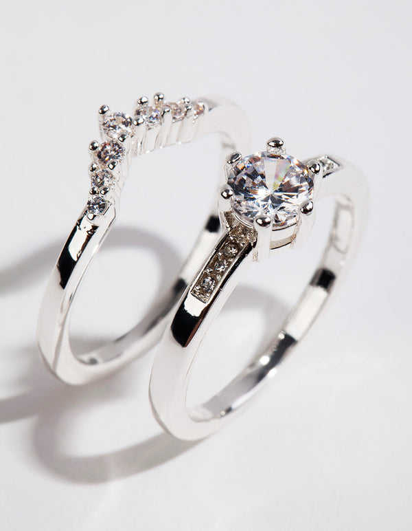Silver Plated Round Cubic Zirconia Ring Set